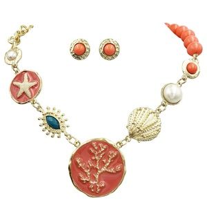 Pink Tone Coral Beachy Necklace Earrings Set
